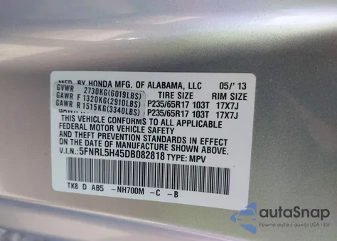 2013 Honda Odyssey Ex z USA, uszkodzony, nr VIN 5FNRL5H45DB082818